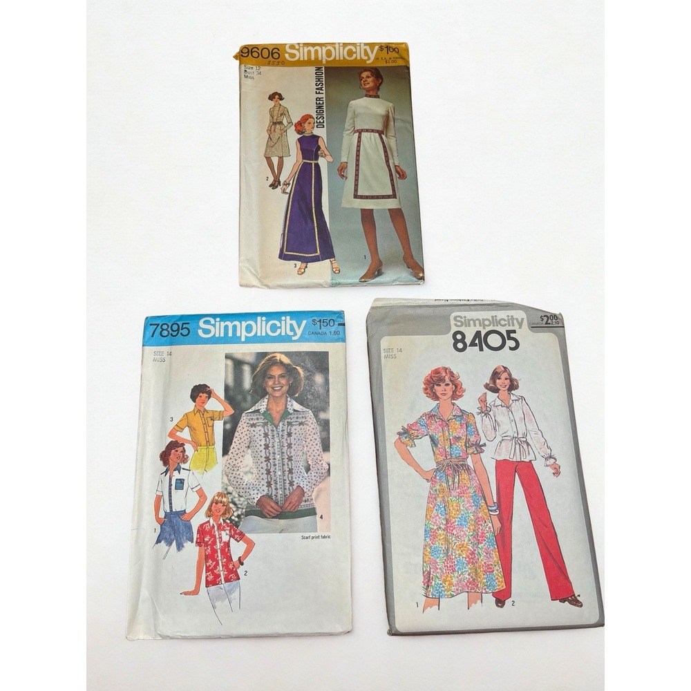 Lot of 3 Vintage Simplicity Sewing Patterns 1970 Misses Boho Dresses Shirts Pant